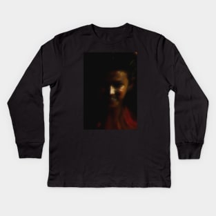 Portrait, digital collage, special processing. Weird, yet so charming, so beautiful girl. Heart of dark side. Gold, orange tones. Kids Long Sleeve T-Shirt